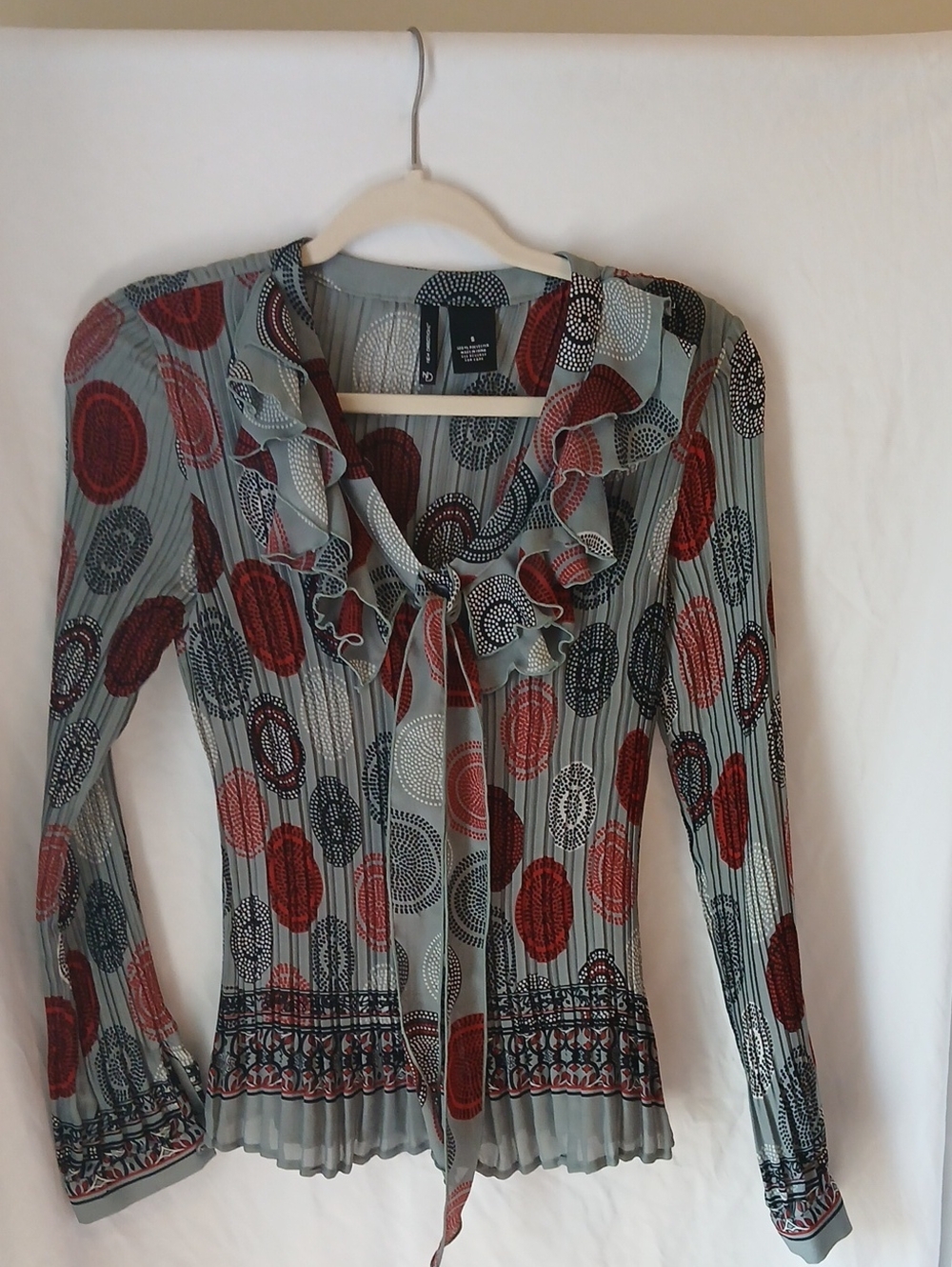 new directions Sage Green Ruffle-Neck Blouse with Red & Navy Dot Print